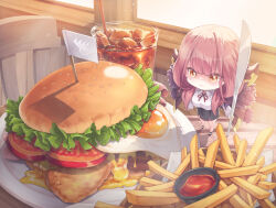 Rule 34 | 1girl, aru (blue archive), black skirt, blue archive, breasts, brown coat, brown horns, burger, closed mouth, coat, coat on shoulders, cola, collared shirt, demon horns, food, french fries, fried egg, fur-trimmed coat, fur trim, fuyu no usagi, highres, horns, ice, large breasts, long hair, long sleeves, mini person, minigirl, neck ribbon, pencil skirt, red hair, red ribbon, ribbon, shirt, skirt, smile, solo, white shirt, yellow eyes