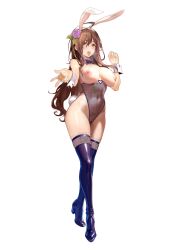 Rule 34 | 1girl, absurdres, ahoge, animal ears, ayase shichikai, bare shoulders, blue footwear, blue leotard, boots, bow, bowtie, breastless leotard, breasts, brown hair, cameltoe, candy, chocolate, chocolate heart, cleft of venus, condom, condom wrapper, covered navel, detached collar, fake animal ears, fake tail, flower, food, full body, groin, hair between eyes, hair flower, hair ornament, hands up, heart, high heel boots, high heels, highleg, highleg leotard, highres, kono subarashii sekai ni shukufuku wo!, lace thighhighs, large breasts, leotard, long hair, looking at viewer, nipples, open mouth, playboy bunny, purple bow, purple bowtie, rabbit ears, rabbit tail, reaching, reaching towards viewer, see-through, see-through leotard, simple background, solo, standing, strapless, strapless leotard, tail, thigh boots, thighhighs, thighhighs under boots, thighs, tongue, tongue out, traditional bowtie, white background, white wrist cuffs, wiz (konosuba), wrist cuffs, yellow eyes