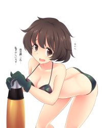 Rule 34 | 10s, 1girl, akiyama yukari, ammunition, ass, bikini, breasts, brown eyes, brown hair, butt crack, camouflage, camouflage bikini, cleavage, eila yagyu, embarrassed, girls und panzer, gloves, leaning forward, looking at viewer, messy hair, shell (projectile), short hair, solo, standing, swimsuit, translated, white background