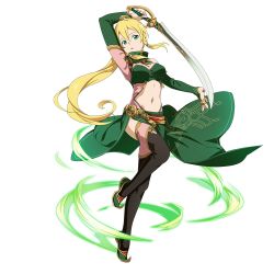 Rule 34 | 1girl, arm up, armpits, black thighhighs, blonde hair, braid, breasts, cleavage, detached sleeves, floating hair, green eyes, green skirt, green sleeves, groin, hair between eyes, highleg, highleg panties, highres, holding, holding sword, holding weapon, jewelry, leafa, leg up, long hair, long sleeves, looking at viewer, medium breasts, navel, official art, open mouth, panties, ponytail, ring, saber (weapon), see-through, side slit, skirt, solo, standing, standing on one leg, sword, sword art online, thighhighs, transparent background, twin braids, underwear, very long hair, weapon