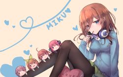Rule 34 | 5girls, absurdres, ahoge, black legwear, blue cardigan, blue eyes, blush, breasts, brown hair, cardigan, character name, chibi, closed mouth, commentary request, dot eyes, feet out of frame, go-toubun no hanayome, green hairband, green skirt, hair between eyes, hair ornament, hair over one eye, hairband, headphones, headphones around neck, heart, highres, long hair, long sleeves, looking at viewer, may.l, medium breasts, multiple girls, nakano ichika, nakano itsuki, nakano miku, nakano nino, nakano yotsuba, pantyhose, pink hair, pleated skirt, shirt, siblings, sisters, sitting, skirt, smile, solo focus, white shirt