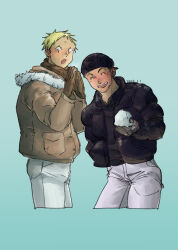 Rule 34 | 2boys, ^ ^, absurdres, aikawa (dorohedoro), alternate costume, black hair, blonde hair, closed eyes, colored tips, couple, cropped legs, dorohedoro, facial mark, gloves, highres, looking at viewer, male focus, medium sideburns, multicolored hair, multiple boys, nishida (pixiv 50671594), no eyebrows, pants, risu (dorohedoro), snowball, standing, thick eyebrows, winter clothes, yaoi