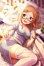 Rule 34 | 1girl, absurdres, alternative girls, aqua eyes, blonde hair, breasts, cellphone, cleavage, game console, glasses, hat, highres, looking at viewer, lying, medium hair, nakata natalie, nurse, nurse cap, official art, on bed, on side, open mouth, phone, pillow, smartphone, smile, solo, watch, white legwear, wristwatch