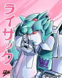 Rule 34 | 1girl, animal ears, cat ears, colored skin, decepticon, green lips, head rest, helmet, highres, insignia, looking at viewer, lyzack, mecha, minyung, red eyes, robot, robot girl, solo, transformers, transformers victory
