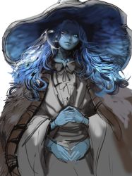 Rule 34 | 1girl, blue skin, cloak, closed mouth, colored skin, cracked skin, dopey (dopq), dress, elden ring, extra arms, extra faces, flat chest, fur cloak, grey dress, grey hat, hat, highres, interlocked fingers, large hat, looking at viewer, own hands together, ranni the witch, simple background, sketch, solo, white background, witch hat