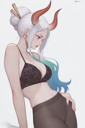 Rule 34 | 1girl, absurdres, bra, breasts, cleavage, curled horns, hair ornament, hair stick, highres, horns, large breasts, long hair, medium breasts, multicolored hair, multicolored horns, navel, one piece, orange horns, pantyhose, prixmal, red horns, solo, underwear, white hair, yamato (one piece), yellow eyes, yellow horns