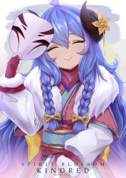 Rule 34 | 1girl, ^ ^, ahoge, blue hair, bow, braid, character name, closed eyes, curled horns, closed eyes, facing viewer, fur collar, hair bow, hand up, holding, holding mask, horns, japanese clothes, kindred (league of legends), lamb (league of legends), league of legends, long hair, long sleeves, mask, unworn mask, nev (nevblindarts), obi, official alternate costume, puffy sleeves, sash, side braid, smile, solo, spirit blossom kindred, twin braids, upper body