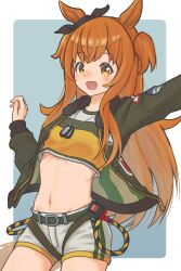 Rule 34 | 1girl, animal ears, belt, blush, bomber jacket, breasts, cocoa inryo, commentary, cowboy shot, crop top, dog tags, green jacket, groin, highres, horse ears, horse girl, horse tail, jacket, long hair, long sleeves, looking at viewer, mayano top gun (umamusume), midriff, navel, open clothes, open jacket, open mouth, orange eyes, orange hair, outstretched arm, shorts, small breasts, smile, solo, tail, two side up, umamusume, white shorts