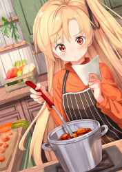 Rule 34 | 1girl, ame., apron, azur lane, black apron, black ribbon, blonde hair, blush, carrot, cleveland (azur lane), closed mouth, commentary request, cooking, cutting board, fingernails, food, hair between eyes, hair ribbon, highres, holding, index finger raised, ladle, long hair, long sleeves, one side up, orange shirt, pot, red eyes, ribbon, shirt, solo, stove, striped apron, striped clothes, vertical-striped apron, vertical-striped clothes, very long hair