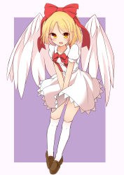 Rule 34 | 1girl, absurdres, angel wings, blonde hair, bow, brown eyes, brown footwear, commentary request, dress, dress tug, embarrassed, feathered wings, full body, gengetsu (touhou), hair bow, highres, inon, loafers, open mouth, puffy short sleeves, puffy sleeves, ribbon, shoes, short hair, short sleeves, skirt, solo, suspender skirt, suspenders, thighhighs, touhou, touhou (pc-98), v arms, white dress, white thighhighs, wind, wind lift, wings
