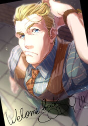 Rule 34 | 1boy, bara, between pectorals, blonde hair, cody travers, english text, formal, from above, full body, hair slicked back, karipaku, large pectorals, looking at viewer, male focus, mature male, muscular, muscular male, necktie, necktie between pectorals, official alternate costume, pants, pectorals, perspective, pout, shirt, solo, standing, street fighter, street fighter v, striped clothes, striped pants, striped shirt, striped vest, vest, watch, wristwatch