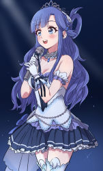 Rule 34 | 1girl, :d, absurdres, asari nanami, bare shoulders, black bow, black skirt, blue eyes, blue hair, blush, bow, breasts, cleavage, commentary request, gloves, hair rings, highres, holding, holding microphone, idolmaster, idolmaster cinderella girls, looking away, medium breasts, microphone, open mouth, pizzasi, pleated skirt, skirt, smile, solo, teeth, thighhighs, tiara, upper teeth only, white gloves, white thighhighs
