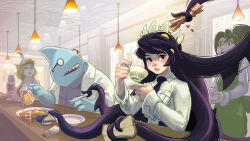 Rule 34 | 3girls, bacon, black hair, bread slice, cafe, cup, eating, fangs, feather hair ornament, feathers, filia (skullgirls), fins, food, futakuchi-onna, glasses, hair ornament, head fins, highres, knife, lab zero games, lips, long hair, looking at another, multiple girls, niccolo balce, official art, prehensile hair, restaurant, samson (skullgirls), shark, skullgirls, stanley whitefin, syrup, teacup, toast