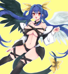 Rule 34 | 1girl, black thighhighs, blue hair, breasts, center opening, chemaru (a8l), dizzy (guilty gear), guilty gear, guilty gear x, guilty gear xx, hair between eyes, hair ornament, large breasts, long hair, looking at viewer, navel, red eyes, revealing clothes, ribbon, tail, thighhighs, twintails, very long hair, wings