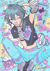 Rule 34 | 1boy, :3, ahoge, arm up, belt, black nails, black shirt, blue background, blue eyes, blue pants, bracelet, candy, choker, emoji, english text, ensemble stars!, facing viewer, fingerless gloves, food, full body, gloves, grey hair, hair between eyes, hair ornament, hair over shoulder, hairclip, heart, heart-shaped blush stickers, highres, inward v, jelly bean, jewelry, knees apart feet together, long hair, manamoko (fancy surprise!), midriff, midriff peek, nail polish, navel, one eye closed, open mouth, pants, pink belt, ponytail, print shirt, shiina niki, shirt, shoes, short sleeves, sitting, sneakers, socks, solo, squiggle, star (symbol), sticker, striped clothes, striped gloves, v, white socks, wrapped candy