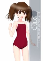 Rule 34 | 1girl, artist name, brown eyes, brown hair, character name, competition school swimsuit, cowboy shot, flat chest, highres, inaba shiki, kantai collection, long hair, looking at viewer, one-piece swimsuit, open mouth, red one-piece swimsuit, ryuujou (kancolle), school swimsuit, solo, standing, swimsuit, twintails