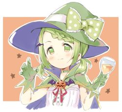 Rule 34 | 1girl, blouse, blush, bow, braid, braided bangs, brown background, cape, choker, closed mouth, commentary request, cropped torso, cup, drink, drinking glass, gloves, green bow, green cape, green choker, green gloves, green hat, halloween, hands up, hat, hat bow, holding, holding cup, jack-o&#039;-lantern, low twintails, meito (maze), morinaka kazaki, multicolored cape, multicolored clothes, neck ribbon, nijisanji, outline, polka dot, polka dot bow, purple cape, red ribbon, ribbon, shirt, short twintails, smile, solo, star (symbol), starry background, twintails, two-tone background, upper body, virtual youtuber, white background, white outline, white shirt, wine glass, witch hat