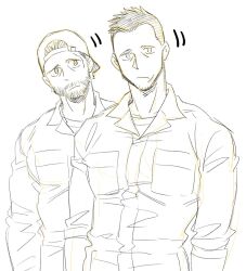 Rule 34 | 2boys, backwards hat, bara, baseball cap, beard, character request, collared shirt, confused, dickfish (fishismdick), facial hair, hat, head tilt, highres, looking at another, male focus, mature male, motion lines, multiple boys, muscular, muscular male, original, pectorals, scan, shirt, short hair, sideburns, sketch, stitches, stubble, traditional media, upper body