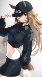 Rule 34 | 1girl, animal ears, arm up, baseball cap, black hat, black shirt, black skirt, blue eyes, boc&#039;z (umamusume), breasts, brown hair, collared shirt, commentary request, crop top, dress shirt, ears through headwear, grey background, hair between eyes, hair ornament, hairclip, hand on headwear, hat, highres, horse ears, horse girl, horse tail, long hair, long sleeves, meyamu, midriff, mr. c.b. (boc&#039;z) (umamusume), mr. c.b. (umamusume), puffy long sleeves, puffy sleeves, shirt, skirt, small breasts, solo, tail, umamusume, very long hair