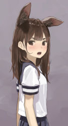 Rule 34 | 1girl, absurdres, animal ear fluff, animal ears, bad id, bad pixiv id, blue sailor collar, blue sky, blush, brown eyes, brown hair, commentary request, from side, heart, heart-shaped pupils, highres, long hair, looking at viewer, looking to the side, minamito, open mouth, original, pleated skirt, sailor collar, school uniform, serafuku, shirt, short sleeves, simple background, skirt, sky, sleeve cuffs, solo, symbol-shaped pupils, teeth, white shirt