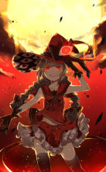 Rule 34 | 1girl, bad end, bow, braid, brown hair, dress, funamusea, hat, highres, long hair, maou skun, midriff, oounabara to wadanohara, red eyes, sailor dress, smile, solo, spoilers, twin braids, wadanohara, witch hat