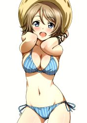 Rule 34 | 1girl, :d, absurdres, bikini, blue bikini, blue eyes, blush, breasts, cleavage, contrapposto, cowboy shot, gluteal fold, hat, highres, large breasts, light brown hair, looking at viewer, love live!, love live! sunshine!!, navel, open mouth, sankuro (agoitei), scan, shiny skin, side-tie bikini bottom, simple background, smile, solo, standing, stomach, striped bikini, striped clothes, sun hat, swimsuit, vertical-striped bikini, vertical-striped clothes, watanabe you, white background