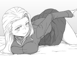 Rule 34 | 1girl, arm up, bed sheet, breasts, clara (girls und panzer), closed mouth, commentary, girls und panzer, greyscale, head tilt, highres, jacket, large breasts, long hair, long sleeves, looking at viewer, miniskirt, monochrome, on bed, pleated skirt, pravda school uniform, renshiu, school uniform, shirt, skirt, smile, solo, top-down bottom-up, turtleneck