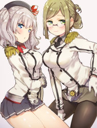 Rule 34 | 10s, 2girls, beret, black legwear, blue eyes, blush, breasts, brown hair, buttons, epaulettes, folded ponytail, frilled sleeves, frills, glasses, gloves, green eyes, hat, jacket, kantai collection, kashima (kancolle), katori (kancolle), kerchief, large breasts, looking at viewer, military, military uniform, miniskirt, mofun, multiple girls, necktie, pantyhose, pleated skirt, silver hair, simple background, skirt, smile, twintails, uniform, wavy hair, white background, white gloves