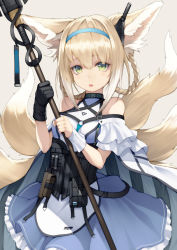 Rule 34 | 1girl, animal ear fluff, animal ears, apron, arknights, banned artist, bare shoulders, black gloves, blonde hair, blouse, blue hairband, blue skirt, breasts, commentary request, fox ears, fox girl, fox tail, frilled skirt, frills, gloves, green eyes, grey background, hair between eyes, hairband, hands up, holding, infection monitor (arknights), kitsune, kyoeiki, looking at viewer, medium breasts, multicolored hair, parted lips, shirt, simple background, skirt, solo, suzuran (arknights), tail, two-tone hair, waist apron, white apron, white hair, white shirt