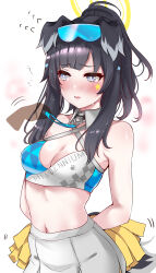 Rule 34 | 1girl, 1other, absurdres, animal ears, arms behind back, bare shoulders, black hair, blue archive, blue eyes, blush, breasts, cheerleader, cleavage, cowboy shot, crop top, dog ears, dog girl, dog tail, eyewear on head, flying sweatdrops, goggles, goggles on head, halo, hibiki (blue archive), hibiki (cheer squad) (blue archive), highres, holding, holding pom poms, lifting another&#039;s clothes, long hair, looking at viewer, medium breasts, midriff, millennium cheerleader outfit (blue archive), murabito c, navel, official alternate costume, pom pom (cheerleading), pom poms, ponytail, skirt, solo, star sticker, sticker on face, tail, white skirt, yellow halo