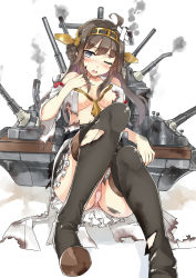 Rule 34 | 10s, 1girl, bandaid, black thighhighs, blue eyes, blush, boots, breasts, brown hair, burnt clothes, cannon, double bun, grey eyes, hair bun, hair ornament, hairband, hand in own hair, highres, kantai collection, kongou (kancolle), large breasts, long hair, looking at viewer, miniskirt, nanahara fuyuki, no bra, nontraditional miko, one eye closed, open mouth, panties, pantyshot, personification, pink panties, pleated skirt, shirt, sitting, skirt, smoke, solo, thigh boots, thighhighs, torn clothes, torn shirt, torn skirt, torn thighhighs, turret, underwear, wink, zettai ryouiki