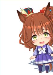 Rule 34 | 1girl, 2-butani, :3, absurdres, animal ears, aston machan (umamusume), black footwear, blue shirt, blush, brown hair, chibi, commentary request, crown, full body, green eyes, hair between eyes, hair ornament, hair scrunchie, hand up, highres, horse ears, horse girl, horse tail, looking at viewer, mini crown, open mouth, pleated skirt, ponytail, purple skirt, purple thighhighs, red scrunchie, school uniform, scrunchie, shirt, shoes, simple background, skirt, smile, solo, tail, thighhighs, tilted headwear, tracen school uniform, umamusume, white background