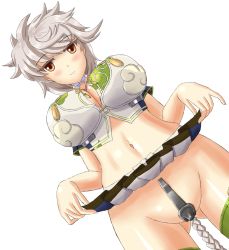 Rule 34 | 10s, 1girl, anchor, braid, breasts, brown eyes, c-string, clothes lift, from below, groin, highres, kantai collection, large breasts, long hair, looking at viewer, midriff, miniskirt, navel, silver hair, skirt, skirt lift, smile, solo, strapless bottom, thighhighs, unryuu (kancolle), wiz (shadow)