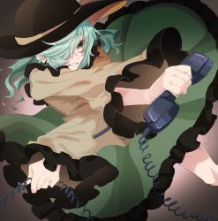 Rule 34 | 1girl, black hat, blouse, commentary, crossed arms, earrings, frilled shirt collar, frilled skirt, frilled sleeves, frills, green eyes, green hair, green skirt, hair over one eye, hat, highres, holding, holding phone, jewelry, komeiji koishi, long sleeves, looking afar, medium hair, namataro, one eye covered, parted lips, phone, shirt, skirt, solo, symbol-only commentary, teeth, touhou, wide sleeves, yellow shirt
