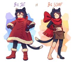Rule 34 | 1girl, :&lt;, :3, animal ears, armor, black hair, body fur, boots, cat ears, cat girl, cat tail, coat, dungeon meshi, english text, full body, fur-trimmed boots, fur-trimmed coat, fur trim, hands on own hips, highres, izutsumi, leather armor, midriff, mismatched animal ear colors, navel, oversized clothes, red coat, red footwear, red scarf, ribbon, scarf, short hair, signature, tail, winnie62123994