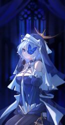 Rule 34 | 1girl, arknights, bare shoulders, blue butterfly, blue dress, blue eyes, blue theme, breasts, bug, butterfly, chinese commentary, closed mouth, commentary request, detached sleeves, dress, drone (drone 37), expressionless, grey hair, habit, hair over one eye, highres, insect, large breasts, looking at viewer, medium hair, official alternate costume, one eye covered, seiza, sitting, solo, v arms, whisperain (arknights), whisperain (priory of abyss) (arknights)