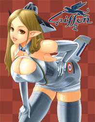 Rule 34 | 1girl, aircraft, airplane, bent over, breasts, brown eyes, brown hair, checkered background, cleavage, covered erect nipples, hand on own hip, hand on thigh, huge breasts, janome gochou, jet, long hair, mecha musume, nipples, nord 1500 griffon, original, personification, pointy ears, skindentation, solo, thighhighs