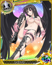 Rule 34 | 10s, 1girl, bikini, black footwear, black hair, black wings, blush, boots, breasts, card (medium), chess piece, covered erect nipples, cross-laced footwear, female focus, gloves, high heel boots, high heels, high school dxd, lace-up boots, large breasts, long hair, navel, non-web source, official art, purple eyes, queen (chess), raynare, red eyes, solo, swimsuit, thigh boots, thighhighs, torn clothes, trading card, underboob, wings