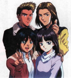 Rule 34 | 1girl, 3boys, absurdres, after war gundam x, age difference, arm around another, arm around shoulder, black hair, blonde hair, blue eyes, brown hair, coat, couple, friends, garrod ran, green eyes, gundam, highres, jacket, long hair, looking at viewer, multiple boys, official art, peace symbol, purple hair, roybea loy, smile, thumbs up, tiffa adill, witz sou