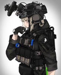 Rule 34 | 1girl, absurdres, backpack, bag, bulletproof vest, camouflage, candy, cat, cigarette candy, emblem, fanny pack, food, fte (fifteen 199), gloves, helmet, highres, magazine (weapon), military, military operator, night-vision device, original, solo, tactical clothes, tattoo, watch, wristwatch