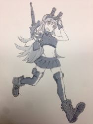 Rule 34 | 1girl, arai hiroki, bad id, bad twitter id, boots, female focus, full body, gloves, gradient background, gun, holster, long hair, midriff, monochrome, muzzle (trigger), navel, sketch, skirt, smile, solo, thigh holster, thighhighs, traditional media, trigger (company), walking, weapon
