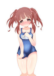 Rule 34 | 1girl, blue one-piece swimsuit, blunt bangs, blush, breasts, brown eyes, brown hair, covered navel, gluteal fold, hand on own chest, highres, hosizora mikoto, idolmaster, idolmaster cinderella girls, long hair, name tag, ogata chieri, old school swimsuit, one-piece swimsuit, school swimsuit, simple background, solo, swimsuit, swimsuit tug, thigh gap, thighs, twintails, white background
