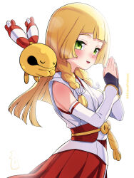 Rule 34 | 1girl, bare shoulders, blonde hair, blush, braid, chingling, commentary request, cosplay, creatures (company), detached sleeves, eyelashes, from side, game freak, gen 4 pokemon, green eyes, hakama, hands up, highres, japanese clothes, kimono, kinocopro, lillie (pokemon), long hair, nintendo, open mouth, own hands together, pokemon, pokemon (creature), pokemon masters ex, pokemon sm, red hakama, red sash, sabrina (new year&#039;s 2022) (pokemon), sabrina (new year&#039;s 2022) (pokemon) (cosplay), sabrina (pokemon), sabrina (pokemon) (cosplay), sash, simple background, smile, twin braids, twitter username, watermark, white background, white kimono