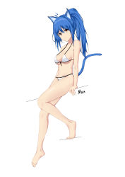 Rule 34 | 1girl, absurdres, animal ears, artist name, barefoot, bili girl 22, bilibili, blue hair, blush, breasts, cat ears, cat tail, cleavage, closed mouth, collarbone, full body, highres, large breasts, long hair, looking at viewer, mien (user nwau4723), navel, ponytail, red eyes, smile, solo, tail