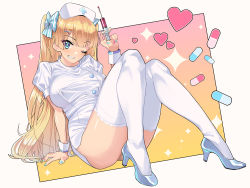 Rule 34 | 1girl, arm support, ass, blonde hair, blue eyes, blue nails, blunt bangs, blush, bow, breasts, capsule, dress, eyelashes, full body, grin, hair bow, hair ornament, hairclip, hat, heart, high heels, kaedeko (kaedelic), large breasts, lina (michihasu), long hair, looking at viewer, medicine, multicolored nails, nail polish, nurse, nurse cap, one eye closed, original, parted lips, pink nails, puffy short sleeves, puffy sleeves, short dress, short sleeves, side slit, simple background, sitting, smile, solo, star (symbol), striped, striped bow, syringe, taut clothes, taut dress, thighhighs, thighs, two side up, white thighhighs, wrist cuffs, x hair ornament, zettai ryouiki
