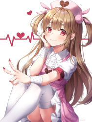 Rule 34 | &gt; &lt;, 1girl, apron, bandaged arm, bandages, blush, brown hair, cardiogram, center frills, closed mouth, collared shirt, commentary request, feet out of frame, frills, hair ornament, hat, heart, highres, knees up, light brown hair, long hair, looking at viewer, nail polish, natori sana, nurse cap, pink apron, pink hat, pleated skirt, puffy short sleeves, puffy sleeves, rabbit hair ornament, red eyes, red nails, sana channel, shirt, short sleeves, signature, simple background, sitting, skirt, smile, solo, soyubee, thighhighs, two side up, very long hair, virtual youtuber, white background, white shirt, white skirt, white thighhighs