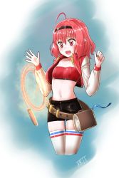 Rule 34 | ahoge, belt, black shorts, book, dungeon and fighter, hairband, jacket, mage (dungeon and fighter), navel, pointy ears, red hair, rrtt, short hair, shorts, smile, solo, summoner (dungeon and fighter), whip, white legwear