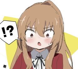Rule 34 | !?, 1girl, aisaka taiga, black ribbon, blazer, blush, brown eyes, brown hair, collared shirt, commentary request, hair between eyes, highres, jacket, long hair, looking down, neck ribbon, oohashi high school uniform, open mouth, partial commentary, red jacket, ribbon, school uniform, shirt, signature, solo, speech bubble, spoken interrobang, sweatdrop, tetsunro, toradora!, two-tone background, upper body, white background, white shirt, yellow background