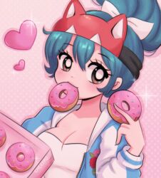 Rule 34 | 1990s (style), 1girl, animal ears, animification, blue hair, blue jacket, blush, breasts, brown eyes, cat ears, chellyko, cleavage, collarbone, doughnut, fake animal ears, female focus, floral print, food, food in mouth, hair bun, hair ribbon, headband, highres, holding, jacket, kiriko (overwatch), letterman jacket, long sleeves, looking at viewer, medium breasts, open mouth, overwatch, overwatch 2, pink background, print jacket, retro artstyle, ribbon, shirt, smile, solo, sparkle, standing, upper body, white shirt