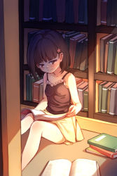 Rule 34 | 1girl, bad id, bad pixiv id, black hair, blush, book, bookshelf, brown eyes, camisole, dianche miao (18826), highres, open book, original, reading, short hair, sitting, skirt, solo, strap